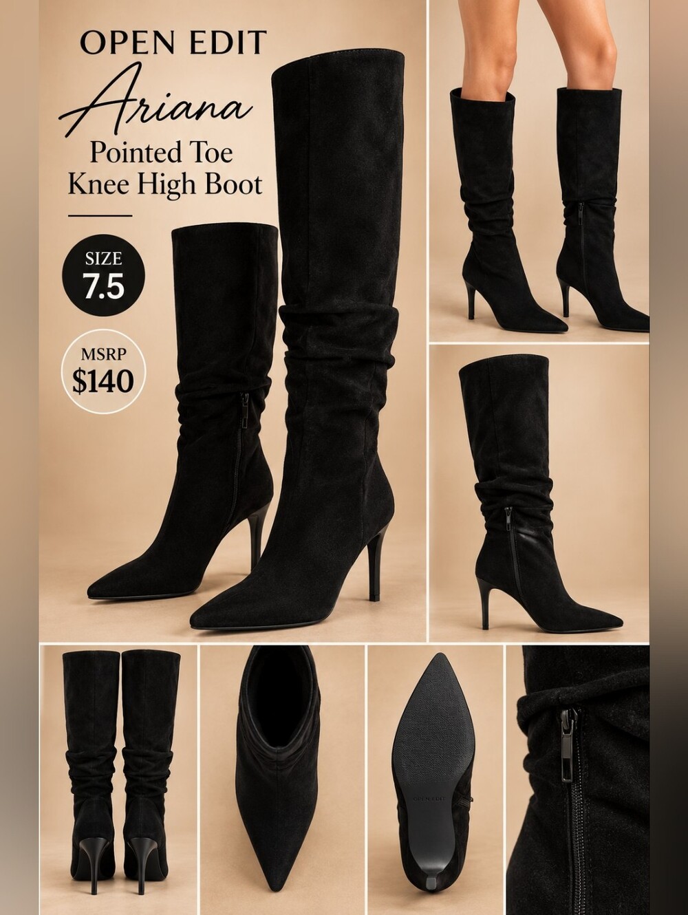 Open Edit Ariana Pointed Toe Knee High Suede Boot NWOB